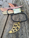 Recycled bombshell necklace w leather chain - leaf design