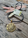 Recycled bombshell necklace w leather chain - sun flower design