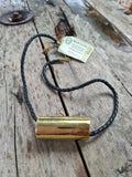 Recycled bombshell necklace w leather chain - cylinder