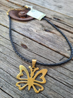 Recycled bombshell necklace w leather chain - butterfly