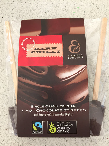 Lindsay & Edmunds Dark Chilli Hot Chocolate Stirrers 4-pack - Organic Fairtrade chocolate